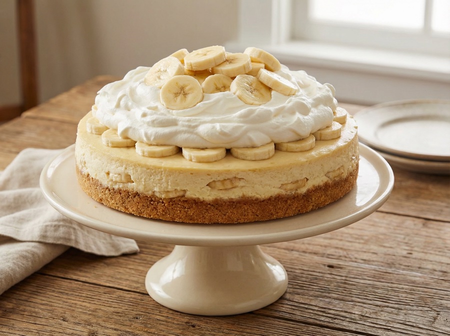 Banana Cream Pie cheesecake — whole cake, top view