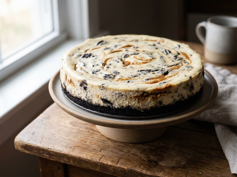 Cookie Monster cheesecake — whole cake, top view