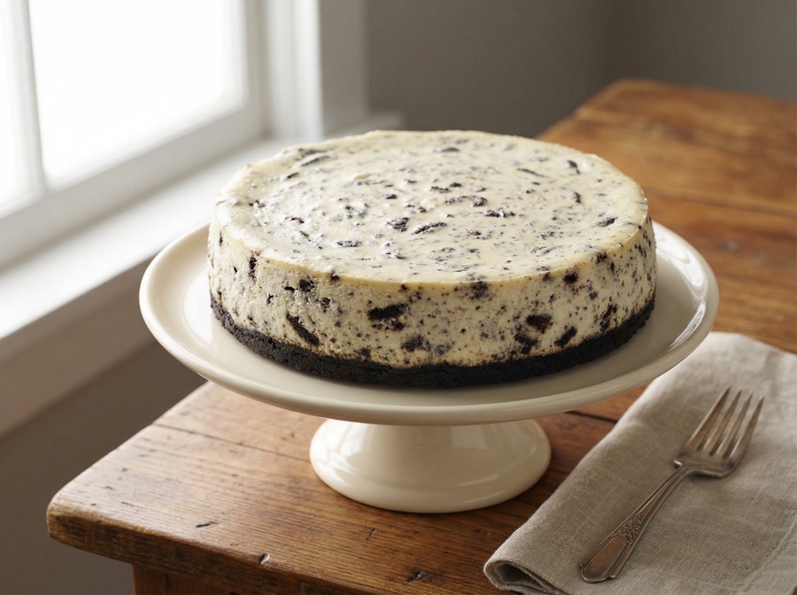 Cookies and Creme cheesecake — whole cake, top view