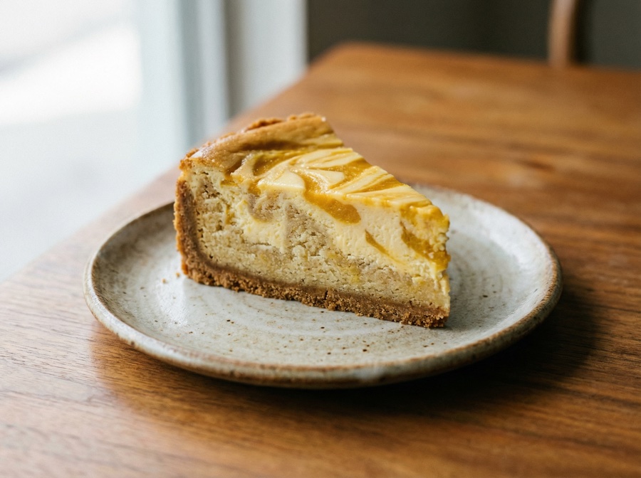 Mango Frangipan cheesecake cross-section