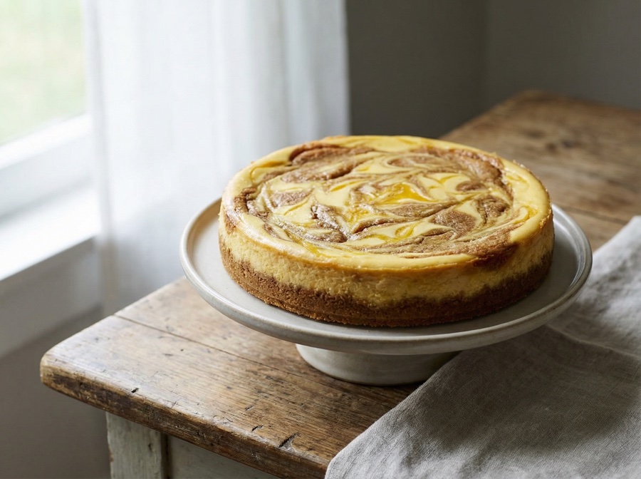 Mango Frangipan cheesecake — whole cake, top view