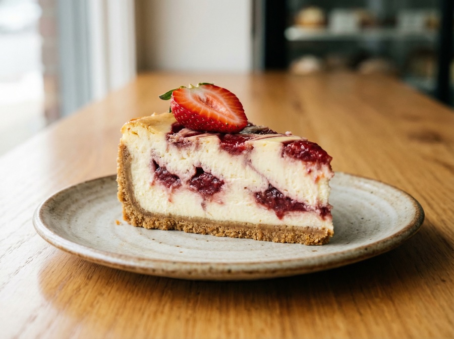Roasted Strawberries cheesecake cross-section